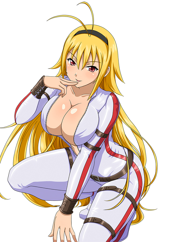 1girl, black_hairband, blonde_hair, bodysuit, breasts, chousen_(ikkitousen), cleavage, collarbone, finger_to_mouth, full-length_zipper, hairband, ikkitousen, large_breasts, long_hair, looking_at_viewer, one_knee, red_eyes, shiny, shiny_skin, simple_background, smile, solo, squatting, unzipped, white_background, zipper