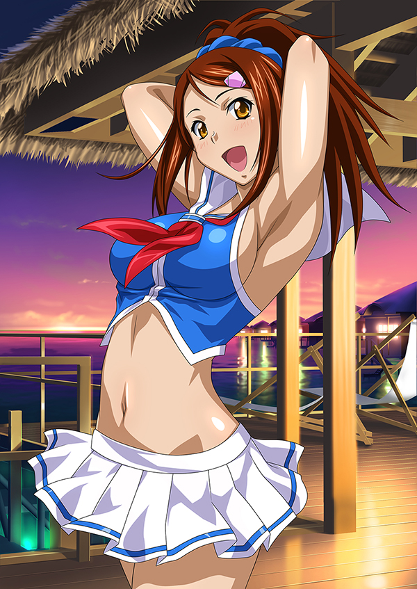 1girl, armpits, arms_behind_head, bachou_mouki, breasts, brown_eyes, brown_hair, groin