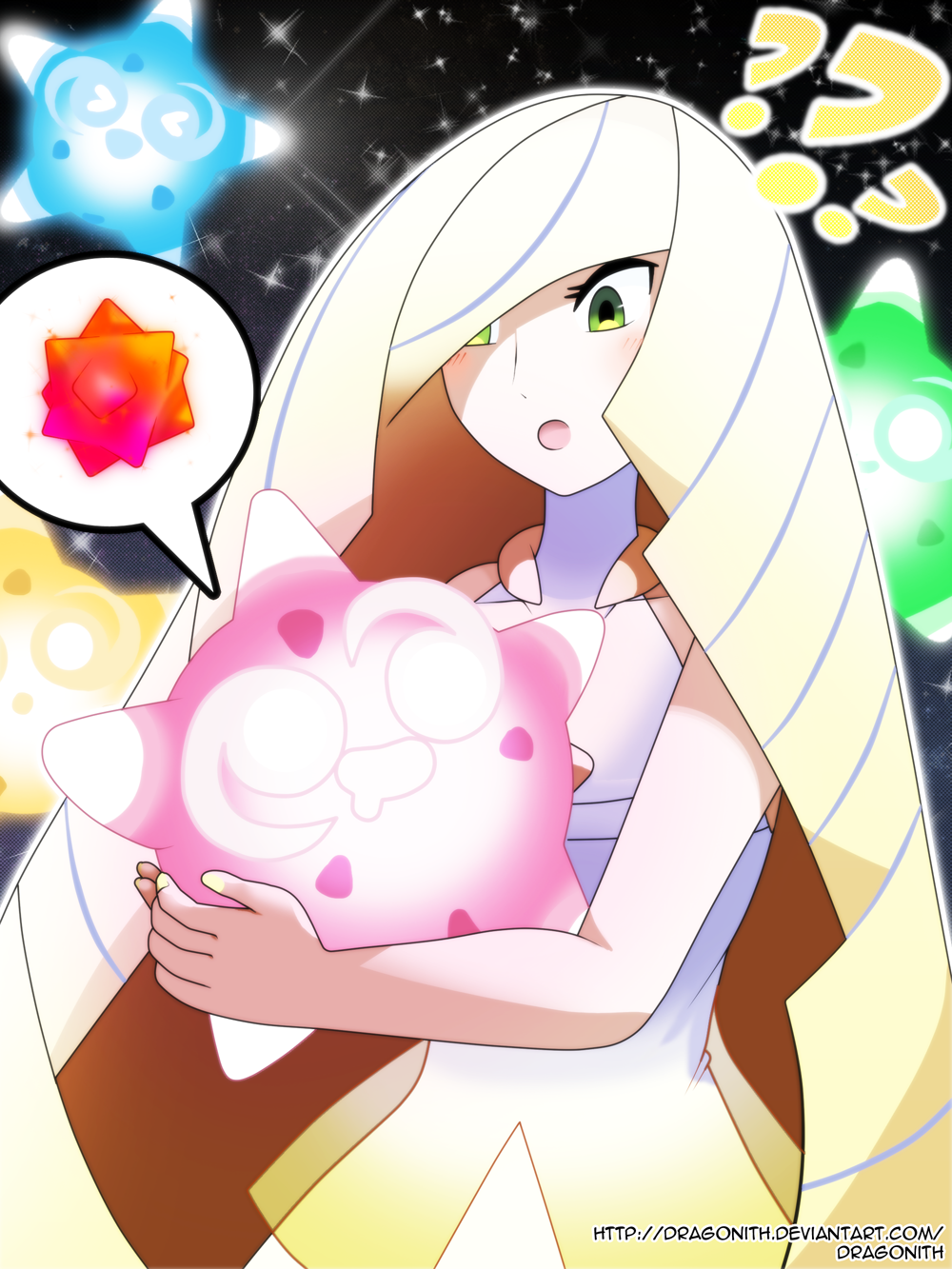 1girl, ?, bangs, bare_arms, bare_shoulders, blonde_hair, blush, commentary