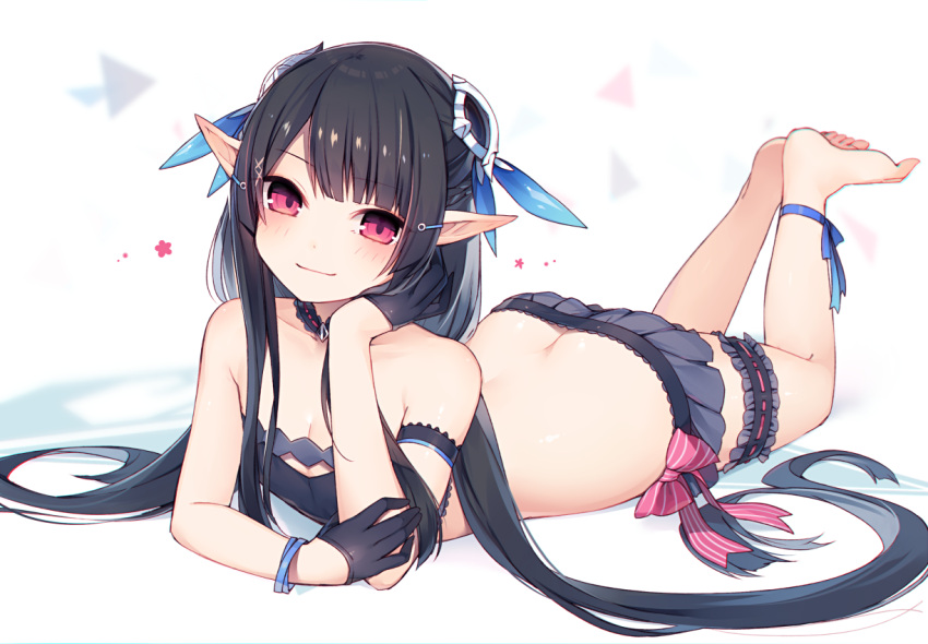 1girl, anette_(pso2), ankle_ribbon, armband, ass, barefoot, black_hair, blush