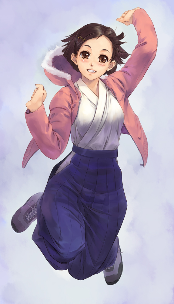 brown_eyes, brown_hair, grin, hair_ornament, hairclip, hakama, happy, hotarui_chihiro