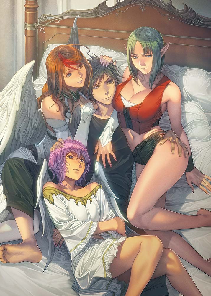1boy, 3girls, angel, ass_grab, bare_shoulders, barefoot, bed, belt