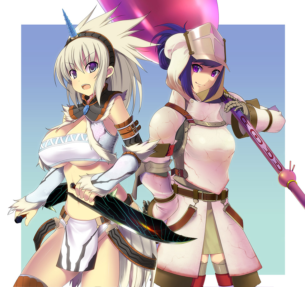 breasts, cleavage, detached_sleeves, hairband, helm, helmet, horn, horns, kirin, kirin_(armor), knife, kyoku_tou, large_breasts, loincloth, mace, monster_hunter, nekoya, pink_eyes, purple_hair, smile, thigh-highs, thighhighs, under_boob, underboob, weapon, white_hair
