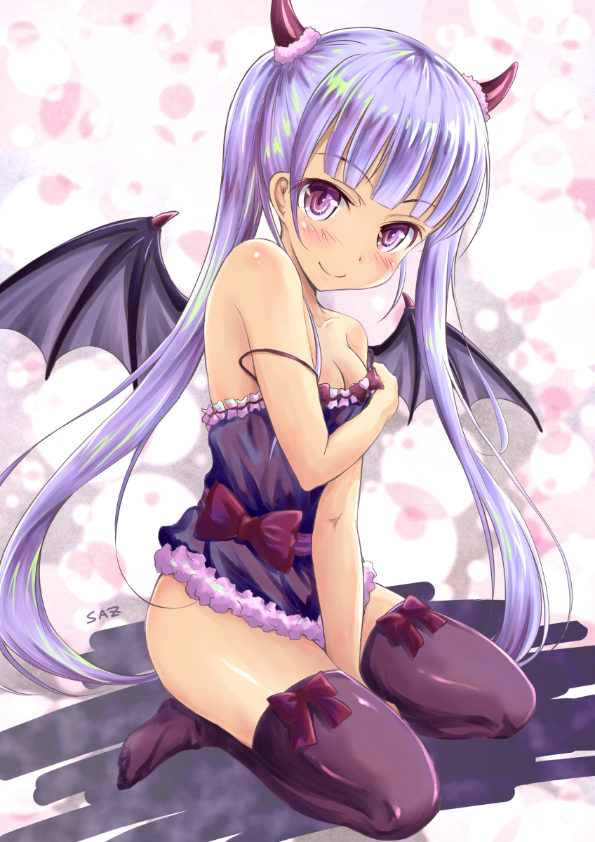 1girl, artist_name, bat_print, commentary_request, demon_girl, demon_horns, demon_tail, demon_wings, highres, horns, long_hair, new_game!, purple_hair, saz, strap_slip, succubus, suzukaze_aoba, tail, thigh-highs, twintails, violet_eyes, wings