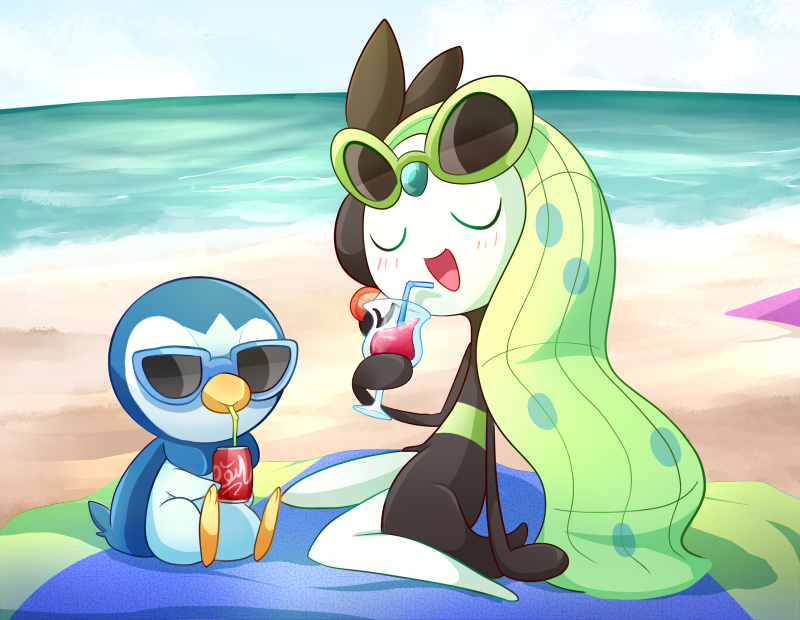 beach, blue_sky, blush, closed_eyes, drink, drinking_straw, facing_viewer, glasses_on_head