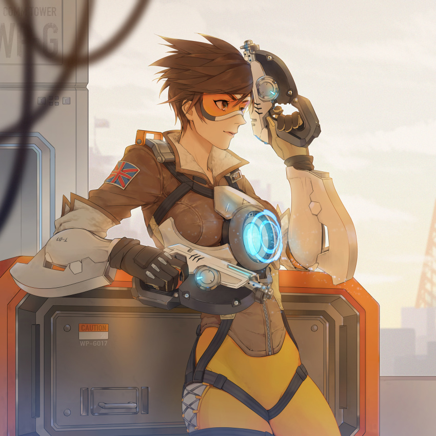1girl, bodysuit, bomber_jacket, brown_hair, dual_wielding, gloves, goggles, gun