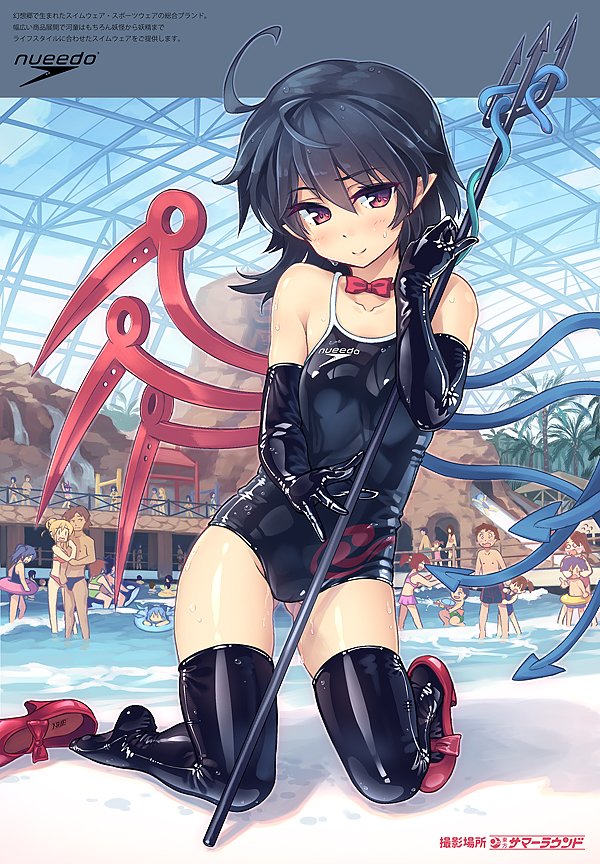 4boys, 6+girls, asymmetrical_wings, bangs, black_hair, black_swimsuit, blush, brand_name_imitation