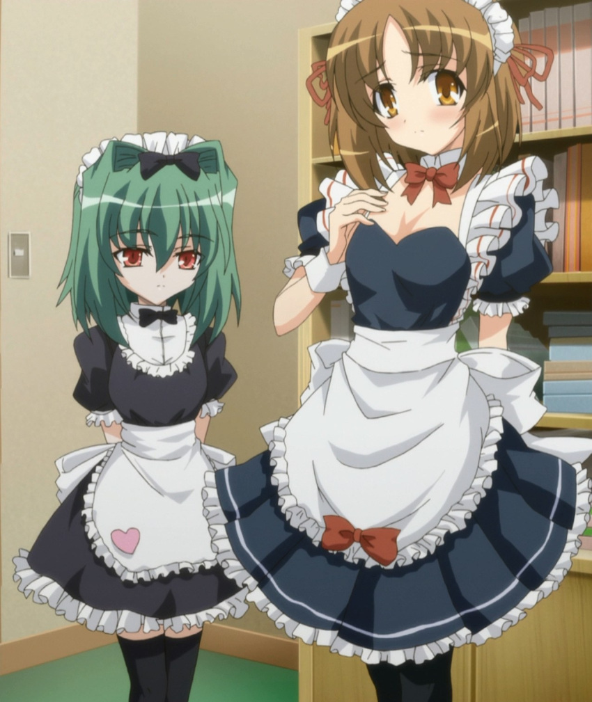 2girls, breasts, brown_eyes, brown_hair, cleavage, green_hair, highres, kuzaki_rinko