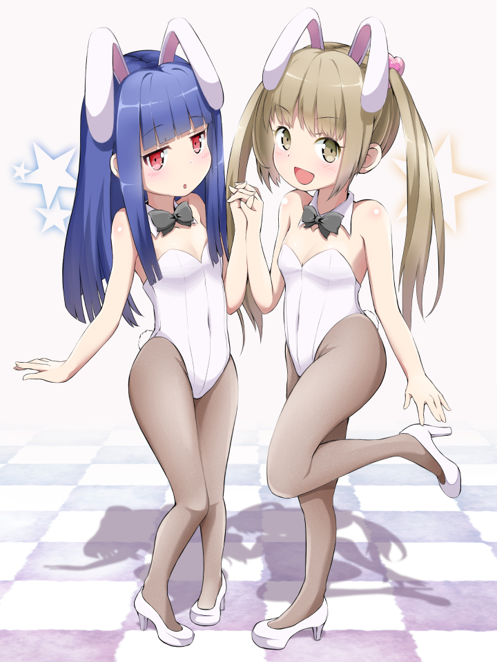 2girls, animal_ears, blue_hair, blush_stickers, bow, bowtie, brown_eyes, brown_hair, bunny_tail, bunnysuit, detached_collar, idolmaster, idolmaster_cinderella_girls, ingen, long_hair, multiple_girls, pantyhose, rabbit_ears, red_eyes, sajou_yukimi, standing, standing_on_one_leg, tail, twintails, yokoyama_chika