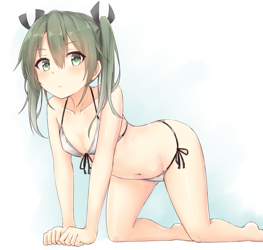 1girl, all_fours, alternate_costume, azuhira, bare_arms, bare_legs, barefoot, bikini
