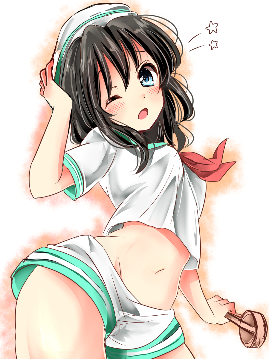 1girl, ;o, adjusting_clothes, adjusting_hat, black_hair, blue_eyes, blush, breasts