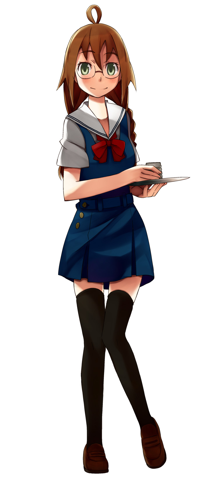 brown_hair, glasses, green_eyes, highres, itami_kiyoshi_ichi, itami_sumihito, long_hair, original, school_uniform, skirt, smile, thigh-highs, thighhighs, zettai_ryouiki