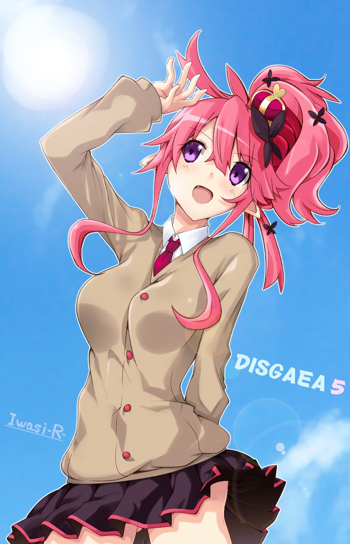 1girl, alternate_costume, arm_behind_back, arms_up, artist_name, blazer, blue_sky, breasts