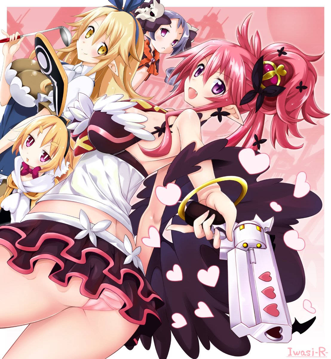 4girls, animal_ears, artist_name, blonde_hair, bracelet, breasts, cleavage, crown