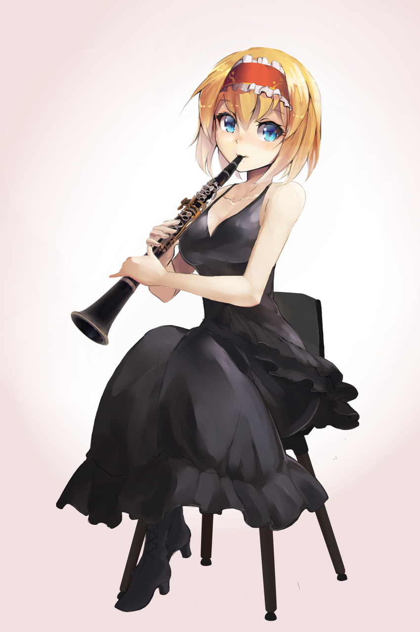 1girl, absurdres, alice_margatroid, bare_arms, black_boots, black_dress, blonde_hair, blue_eyes
