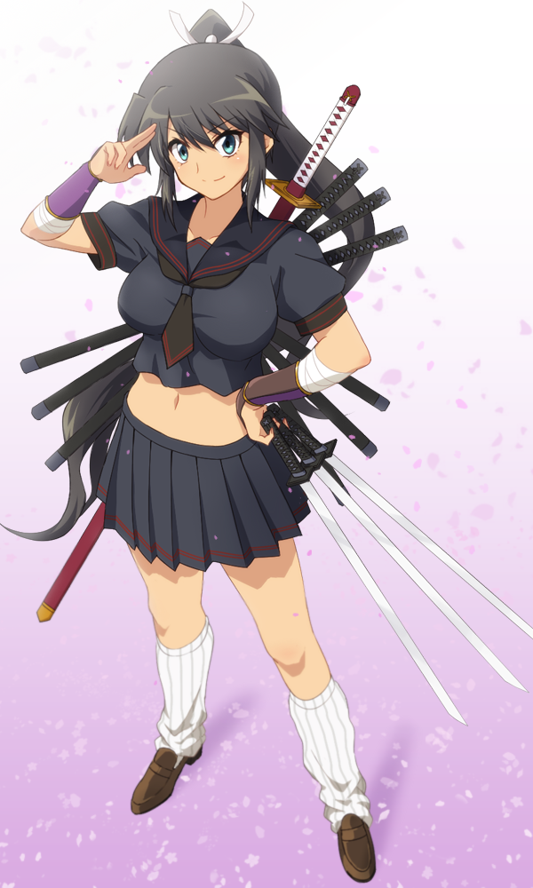 >:), 1girl, aqua_eyes, armor, black_hair, black_serafuku, black_skirt, breasts, brown_shoes, cherry_blossoms, commentary_request, crop_top, full_body, hair_ribbon, hand_on_hip, holding, holding_sword, holding_weapon, homura_(senran_kagura), impossible_clothes, japanese_armor, katana, kote, large_breasts, long_hair, looking_at_viewer, miniskirt, mokkei, navel, neckerchief, petals, pleated_skirt, ponytail, puffy_short_sleeves, puffy_sleeves, ribbon, salute, school_uniform, senran_kagura, senran_kagura_(series), serafuku, shoes, short_sleeves, sidelocks, skirt, skirt_set, socks, solo, striped, striped_legwear, sword, unsheathed, vertical-striped_legwear, vertical_stripes, very_long_hair, weapon, weapon_on_back, white_background, white_ribbon