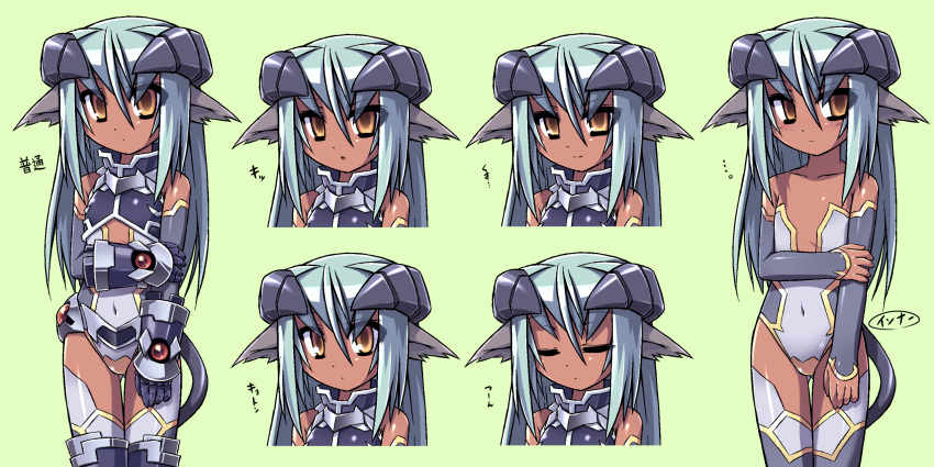 armor, bare_shoulders, blue_hair, child, closed_eyes, dark_skin, elbow_gloves, expressions