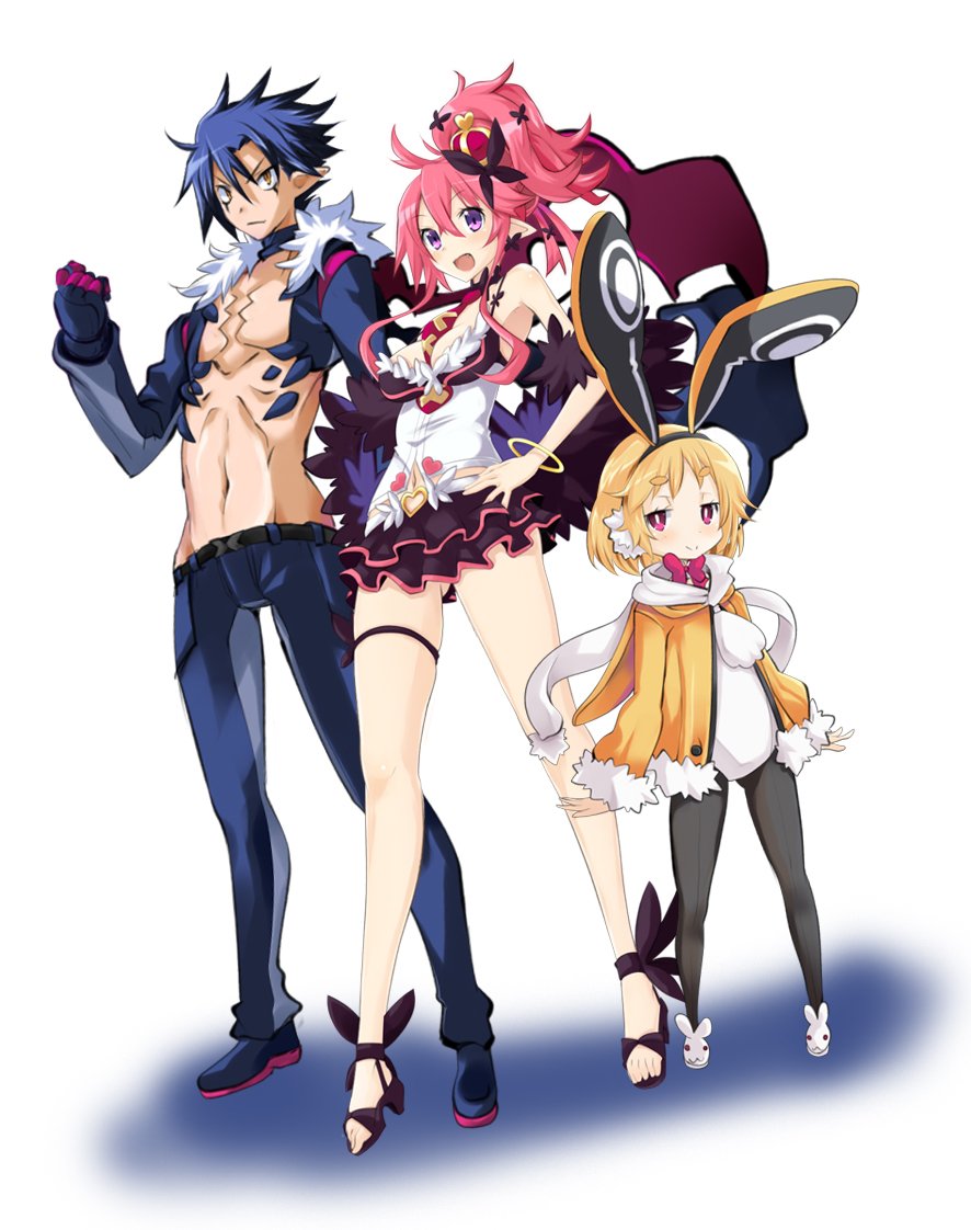 1boy, 2girls, animal_ears, ass_visible_through_thighs, bare_chest, blonde_hair, blue_hair, breasts