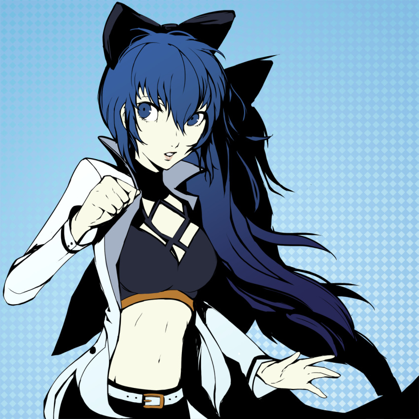 1girl, blake_belladonna, blake_belladonna_(cosplay), blue_eyes, blue_hair, bow, breasts, cosplay