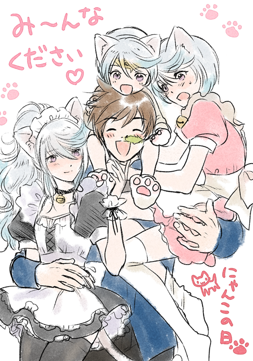 4boys, animal_ears, apron, blue_hair, blush, brown_hair, carrying, cat_ears, cat_tail, circlet, closed_eyes, crossdressinging, long_hair, maid, maid_apron, male_focus, mikleo_(tales), multicolored_hair, multiple_boys, multiple_persona, open_mouth, otoko_no_ko, ponytail, shiitake_(gensoudou), short_hair, shoulder_carry, smile, sorey_(tales), tail, tales_of_(series), tales_of_zestiria, teenage, thigh-highs, two-tone_hair, violet_eyes, white_hair