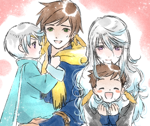 4boys, blue_hair, blush, brown_hair, child, circlet, earrings, feather_earrings