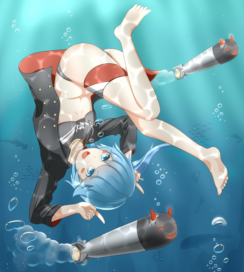 1girl, :d, ass, bikini, blue_eyes, blue_hair, blush_stickers, demon_horns