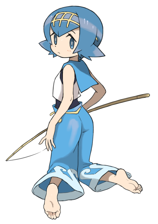 1girl, bare_shoulders, barefoot, blue_eyes, blue_hair, feet, fishing_rod, hairband