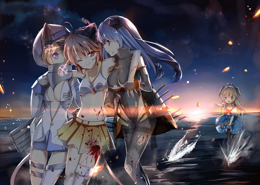 4girls, ahoge, animal_ears, animal_hood, bare_shoulders, blonde_hair, blood, blue_eyes, blue_hair, breasts, carrying, cat_ears, cleavage, fake_animal_ears, fletcher_(zhan_jian_shao_nyu), helena_(zhan_jian_shao_nyu), hood, jacknavy, juneau_(zhan_jian_shao_nyu), leotard, long_hair, midriff, multiple_girls, night, night_sky, o'bannon_(zhan_jian_shao_nyu), ocean, open_mouth, pleated_skirt, potato, red_eyes, redhead, short_hair, shoulder_carry, skirt, skirt_basket, sky, sunrise, thigh-highs, torn_clothes, under_boob, violet_eyes, zhan_jian_shao_nyu