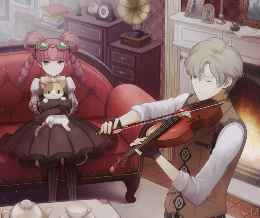 1boy, 1girl, angel31424, bow_(instrument), cat, dai_gyakuten_saiban, drill_hair, gloves