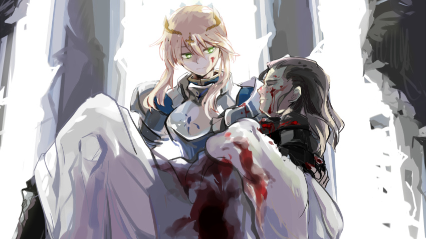 1boy, 1girl, agravain_(fate/grand_order), armor, artoria_pendragon_lancer_(fate/grand_order), black_hair, blonde_hair, blood