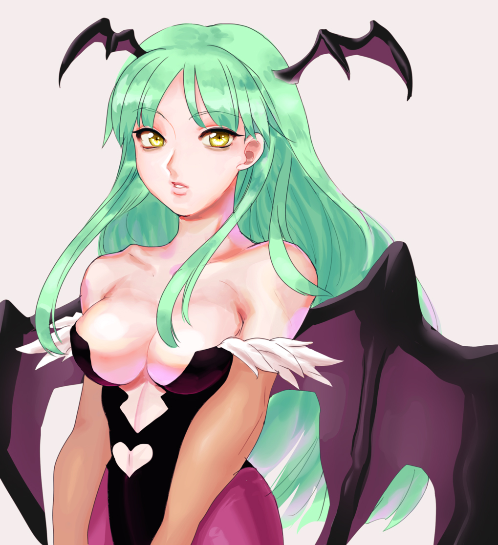 1girl, bare_shoulders, bat_wings, bokenasu, breasts, cleavage, demon_girl, elbow_gloves