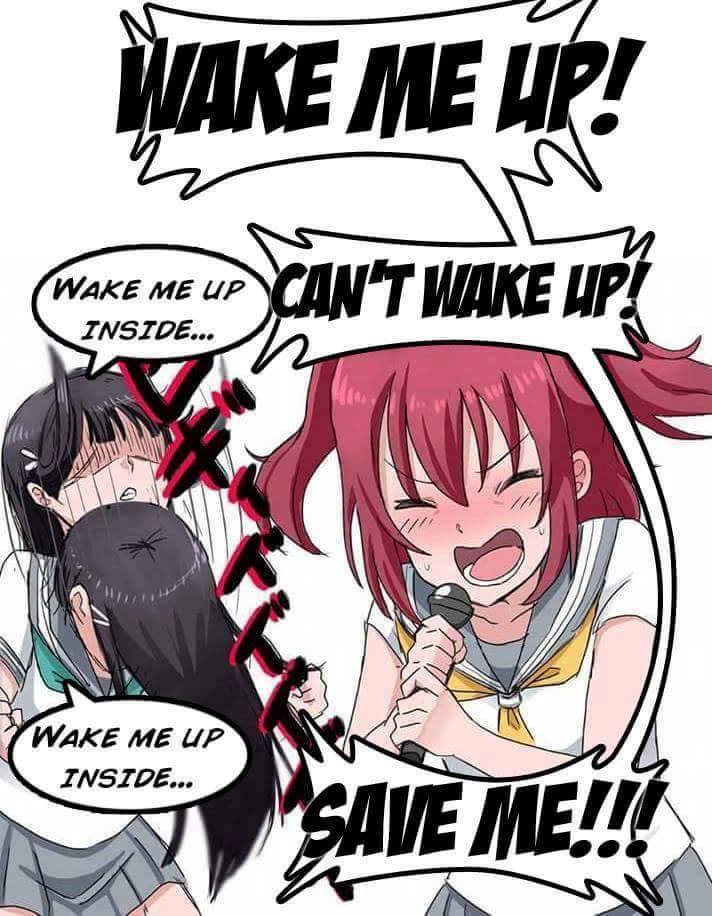 2girls, black_hair, blush, comedy, evanescence, headbanging, jpeg_artifacts, kurosawa_dia