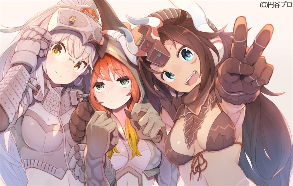 3girls, adjusting_hair, aguila, armor, beige_background, blonde_hair, blue_eyes, brown_hair
