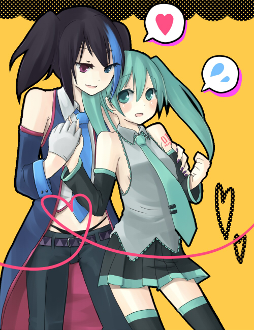aqua_eyes, aqua_hair, bad_id, black_hair, blue_eyes, blush, detached_sleeves, hand_holding