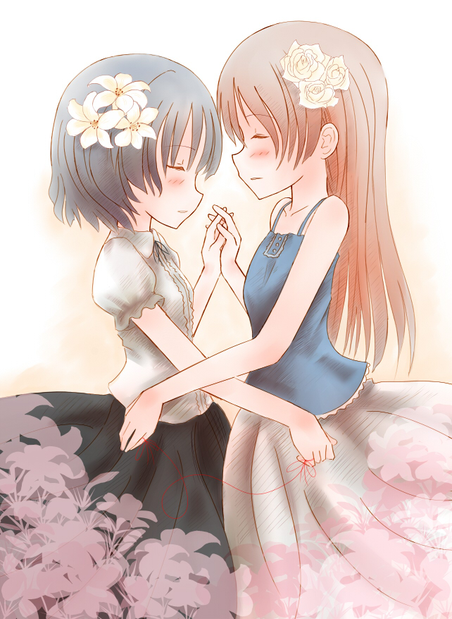 bad_id, blush, closed_eyes, eila_ilmatar_juutilainen, flower, hand_holding, holding_hands, long_hair, multiple_girls, red_string, sanya_v_litvyak, short_hair, silver_hair, sobako_(artist), strike_witches, yuri