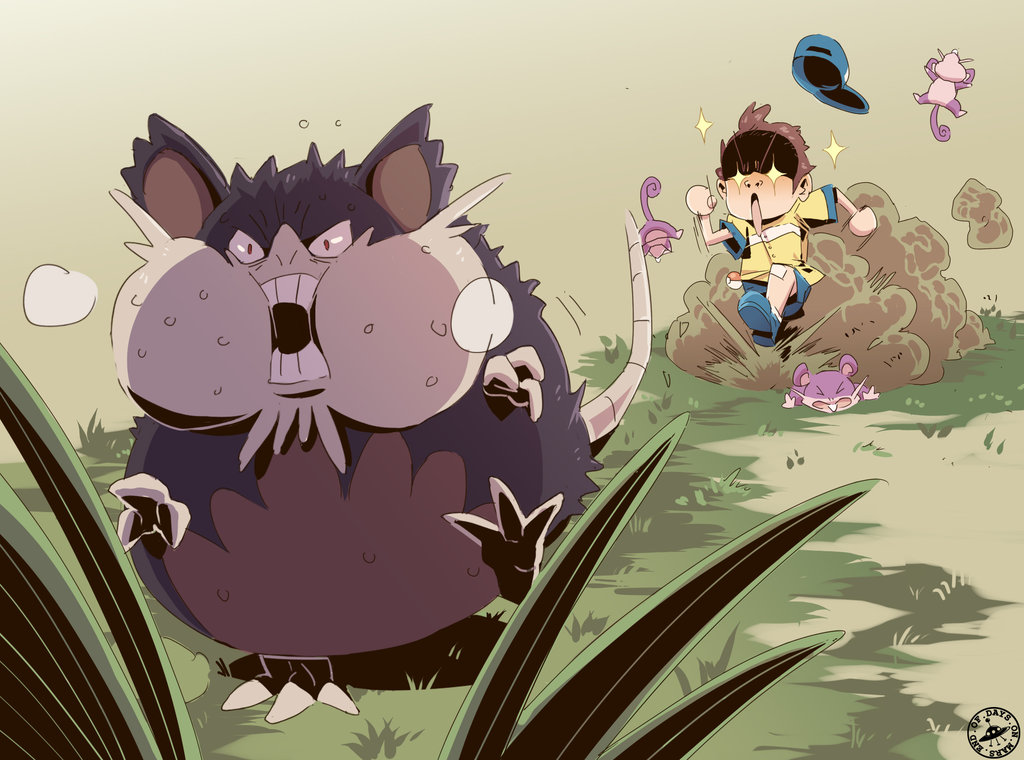 1boy, alolan_raticate, baseball_cap, chasing, dust, hat, mars_(signsoflifeonmars), pokemon, pokemon_(creature), pokemon_(game), pokemon_sm, raticate, rattata, running, sparkling_eyes, youngster_(pokemon)
