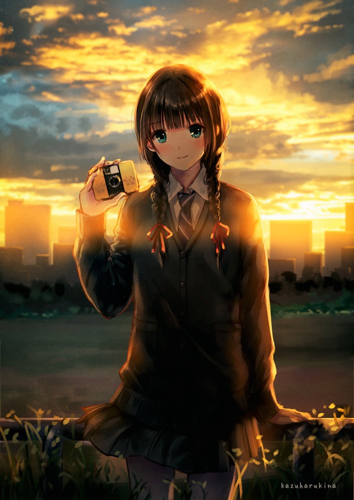 1girl, artist_name, backlighting, black_hair, black_skirt, blue_eyes, braid, building, camera, cardigan, clouds, cloudy_sky, collared_shirt, cowboy_shot, hair_over_shoulder, hair_ribbon, hand_on_railing, holding, holding_camera, kazuharu_kina, leaning_against_railing, light_smile, long_hair, looking_at_viewer, necktie, original, outdoors, red_ribbon, ribbon, shirt, skirt, sky, solo, sunlight, sunset, tress_ribbon, twin_braids, uniform