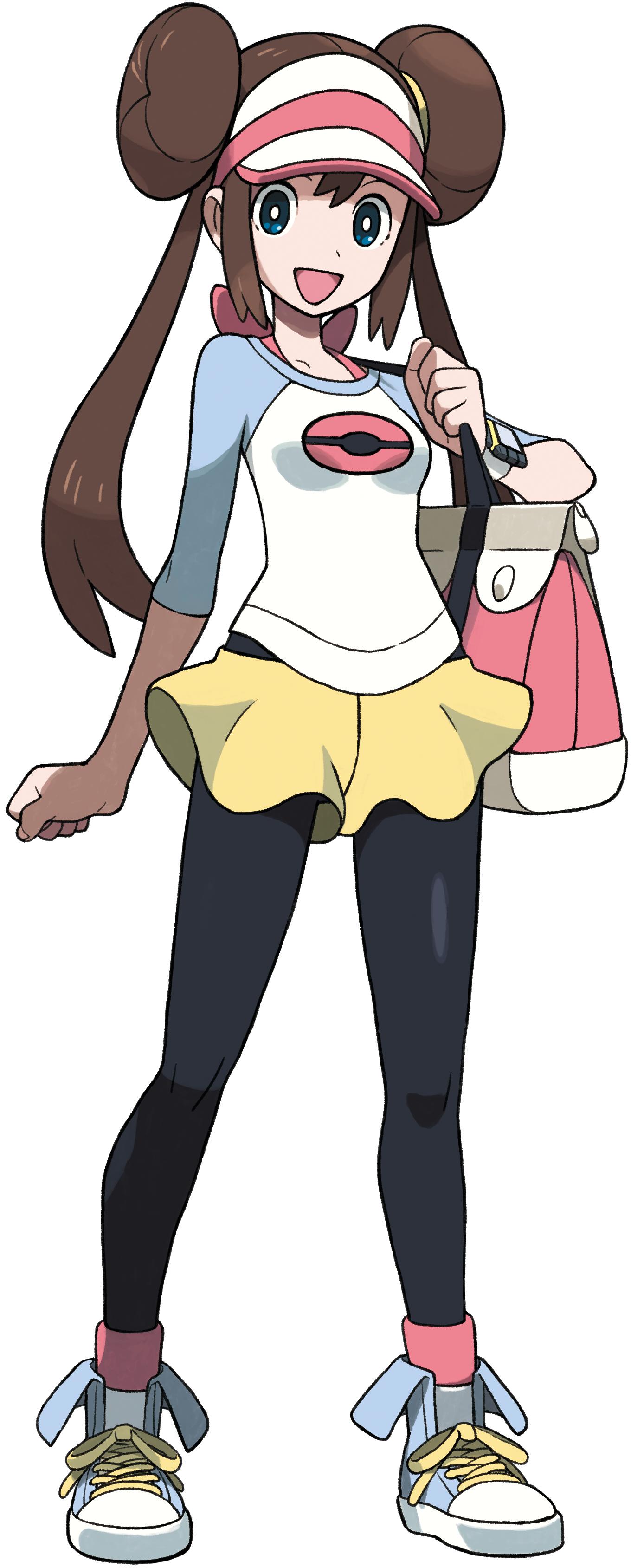 1girl, absurdres, bag, baseball_cap, black_legwear, blue_eyes, bright_pupils, brown_hair, clenched_hands, double_bun, full_body, hat, highres, legwear_under_shorts, long_hair, mei_(pokemon), official_art, oomura_yuusuke, open_mouth, pantyhose, pokemon, pokemon_(game), pokemon_bw, pokemon_bw2, shirt, shoes, short_shorts, shorts, smile, sneakers, socks, solo, twintails, very_long_hair, visor_cap, watch, watch