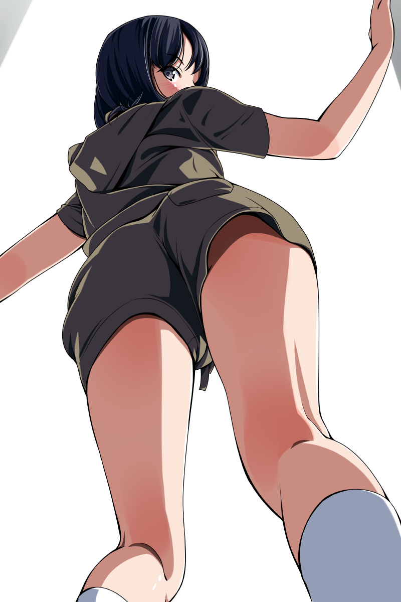 1girl, ass, bare_legs, black_hair, blush, contrapposto, from_above, from_behind