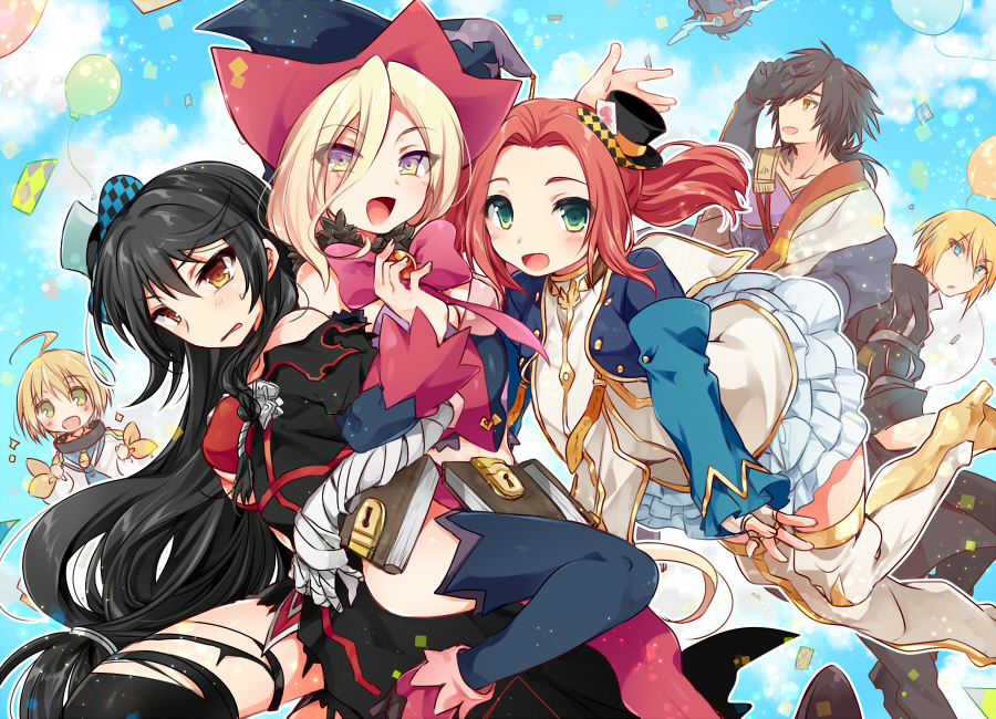 3boys, 3girls, ahoge, balloon, bandages, black_hair, black_legwear, blonde_hair
