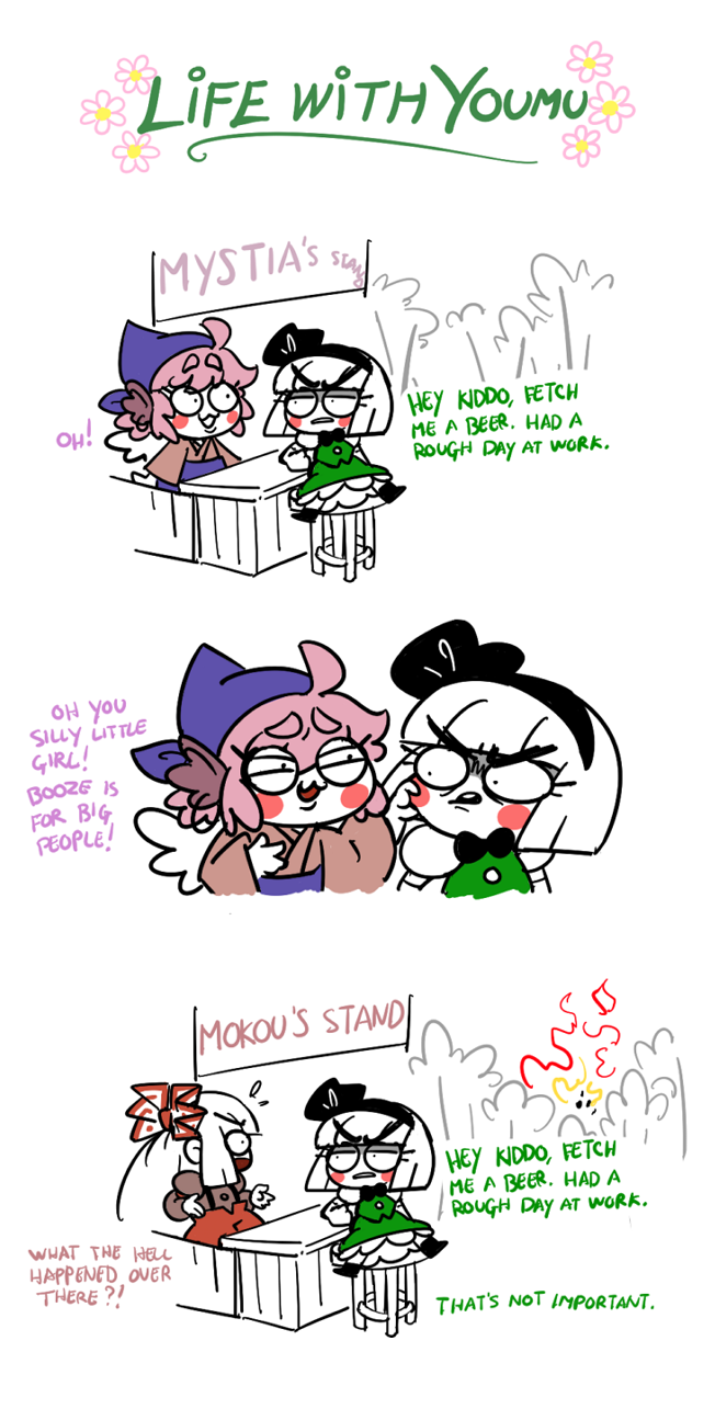 3girls, :3, bandana, bangs, blunt_bangs, blush_stickers, bow, cheek_pinching, chibi, comic, english, fire, fujiwara_no_mokou, hair_bow, hairband, highres, konpaku_youmu, multiple_girls, mystia_lorelei, okamisty, peachems_(gemu), pinching, pink_hair, touhou, white_hair