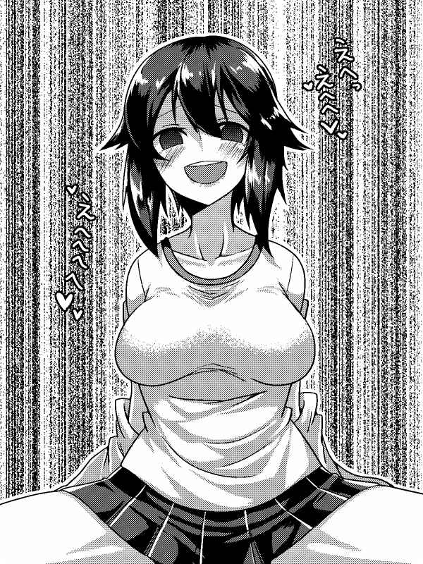 1girl, arms_behind_back, black_hair, black_skirt, blush, breasts, commentary_request, greyscale