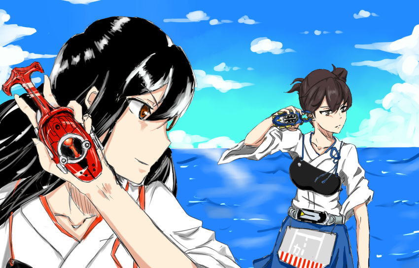 2girls, akagi_(kantai_collection), artist_request, black_hair, brown_eyes, brown_hair, clouds, cloudy_sky