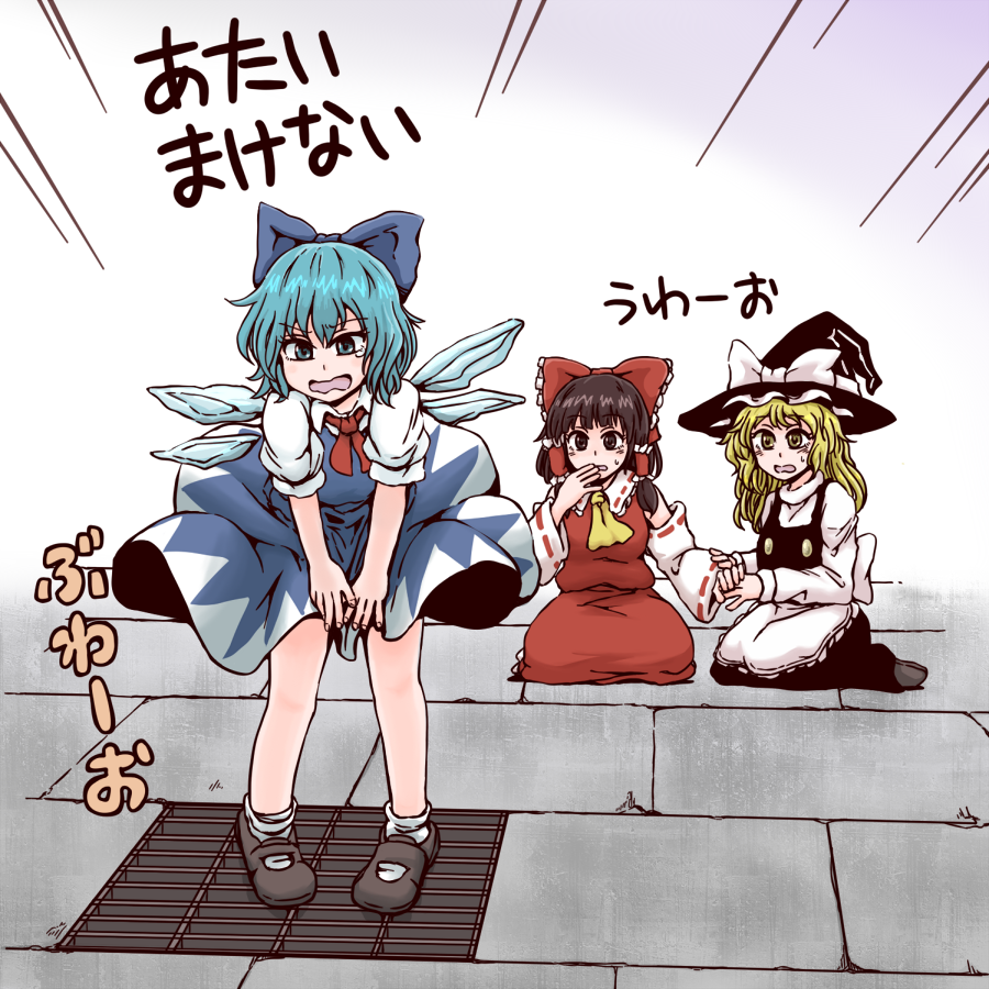 3girls, ascot, black_hair, blonde_hair, blue_eyes, blue_hair, blush, bow