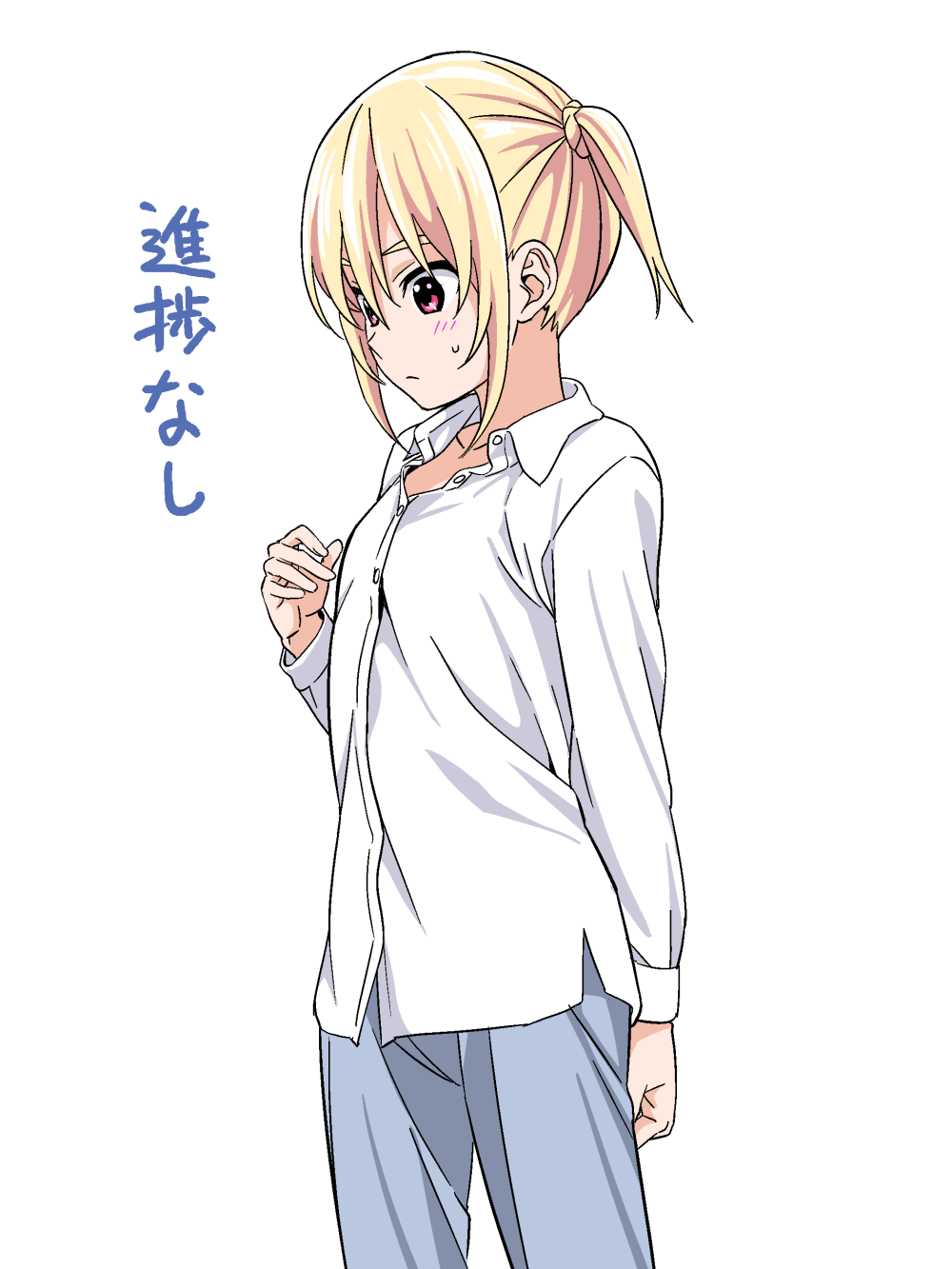 1girl, blonde_hair, blush, collarbone, flat_chest, highres, hiroyuki, long_sleeves