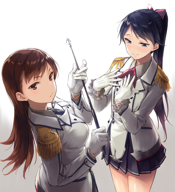 2girls, alternate_costume, blue_eyes, blue_hair, blush, breasts, brown_eyes, brown_hair
