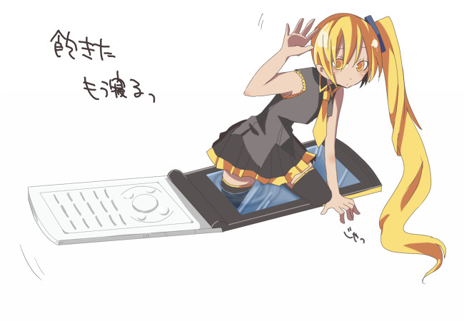 1girl, akita_neru, asatsuki_hiko, bad_id, blonde_hair, cellphone, kosui_(artist), long_hair