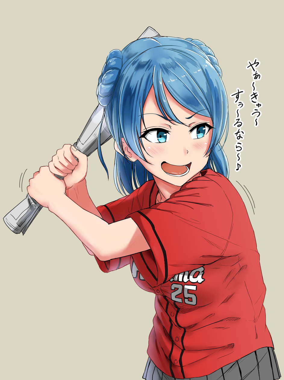 1girl, alternate_costume, baseball_uniform, blue_eyes, blue_hair, breasts, buttons, chizurusou_(tiduru_39), commentary_request, double_bun, grey_skirt, highres, holding, kantai_collection, looking_afar, looking_back, motion_lines, musical_note, newspaper, open_mouth, pleated_skirt, quaver, rolled_up_newspaper, short_sleeves, simple_background, skirt, solo, sportswear, translation_request, urakaze_(kantai_collection)