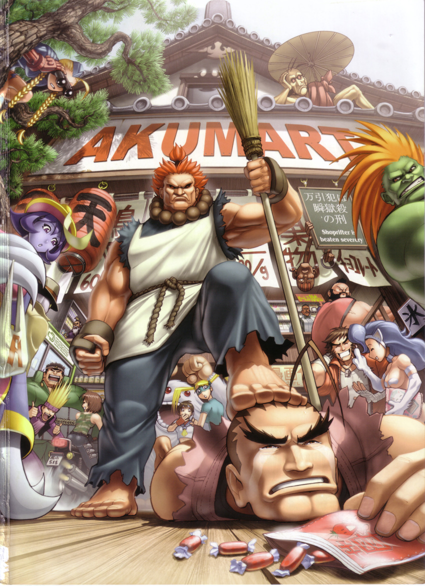 akuma, animal_ears, apron, artbook, barefoot, binoculars, blanka, blonde_hair, blue_hair, blue_skin, boots, breasts, brown_hair, cammy_white, camouflage, candy, capcom, crossover, dhalsim, dudley, engrish, everyone, feet, felicia, fingerless_gloves, garrison_cap, gen_(street_fighter), gloves, gouki, hat, headband, hibiki_dan, highres, isurugi_gan, justice_gakuen, kasugano_sakura, kazama_akira, lei_lei, long_hair, male, manly, motor_vehicle, motorcycle, nekketsu_hayato, omar_dogan, oro, perspective, ponytail, q, rainbow_mika, ranguage, red_hair, redhead, rival_schools, sasquatch_(vampire), scan, school_uniform, serafuku, shiritsu_justice_gakuen, short_hair, street_fighter, street_fighter_ii, street_fighter_iii, street_fighter_iii:_3rd_strike, street_fighter_zero, street_fighter_zero_ii, stretch, tears, udon, udon_entertainment, vampire_(game), vehicle, yamada_eiji, zangief