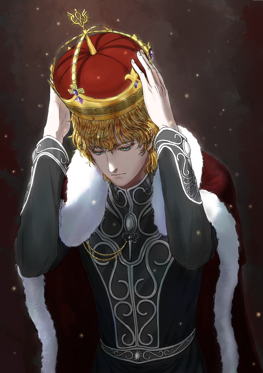 1boy, absurdres, adjusting_headwear, blonde_hair, blue_eyes, crown, ginga_eiyuu_densetsu, hands_on_headwear